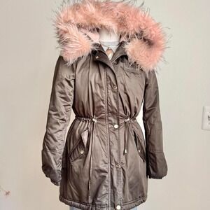 Y2K Bebe puffer jacket olive green pink faux fur fleece size medium ski snow